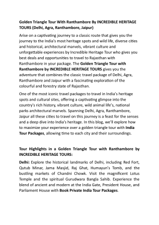 Golden Triangle Tour With Ranthambore By INCREDIBLE HERITAGE TOURS