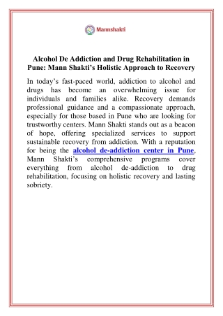 Alcohol De Addiction and Drug Rehabilitation in Pune Mann Shakt Holistic Approach to Recovery