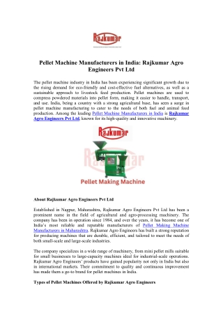 Choose Pellet Machine Manufacturers in India - Rajkumar Agro Machines