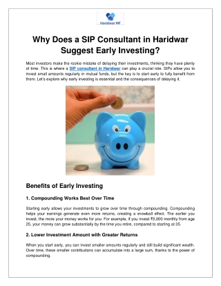 Why Does a SIP Consultant in Haridwar Suggest Early Investing