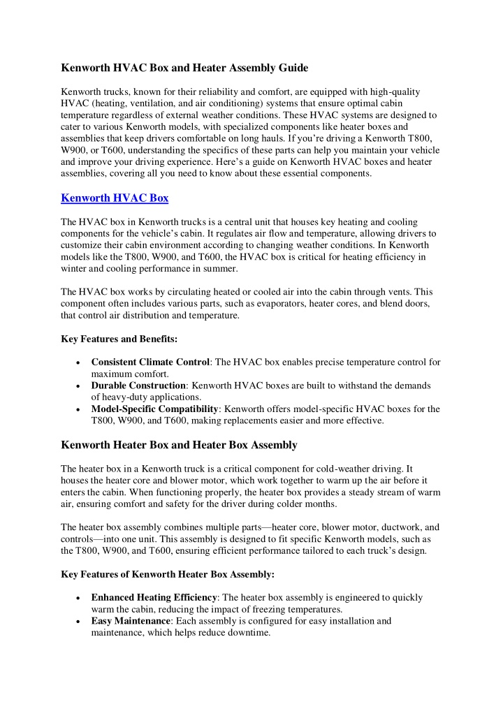 kenworth hvac box and heater assembly guide