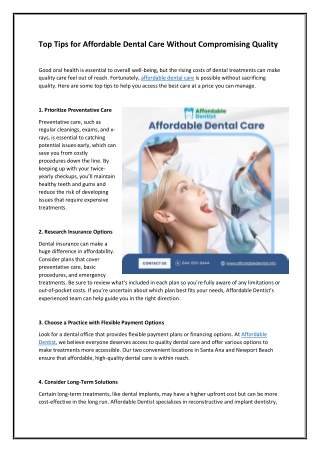 Top Tips for Affordable Dental Care Without Compromising Quality