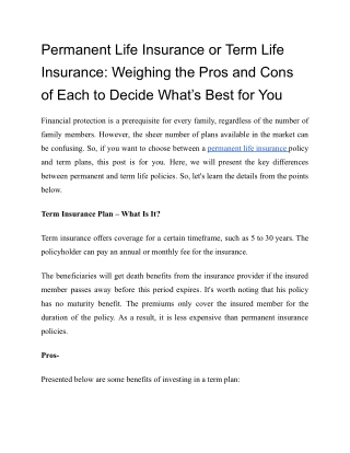 Permanent Life Insurance or Term Life Insurance: Weighing the Pros and Cons of E