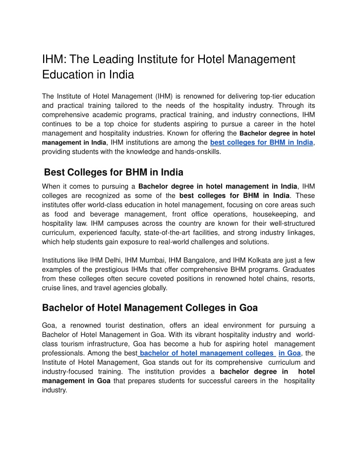 ihm the leading institute for hotel management