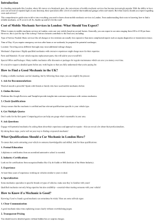 Cost of Mobile Mechanic Services in London: What Should You Expect?