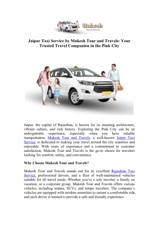 Book Jaipur Taxi Service - Mukesh Tour and Travels