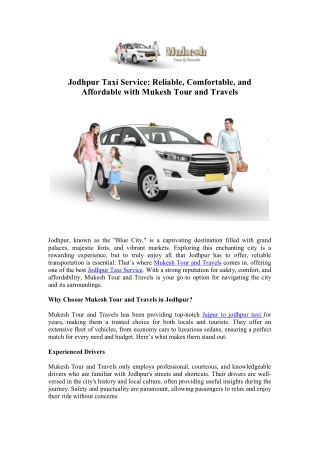 Book Jodhpur Taxi Service - Mukesh Tour and Travels