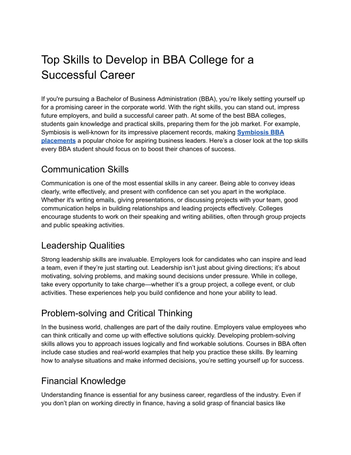 top skills to develop in bba college