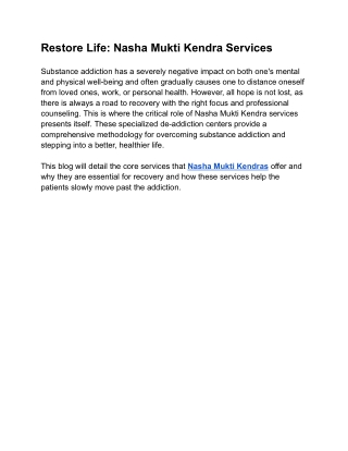 restore life nasha mukti kendra services