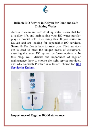 Reliable RO Service in Kalyan for Pure and Safe Drinking Water