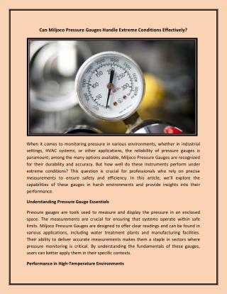 Can Miljoco Pressure Gauges Handle Extreme Conditions Effectively