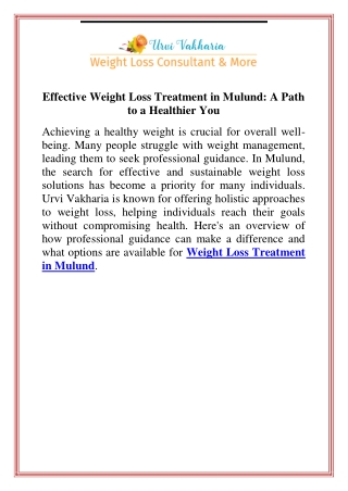 Effective Weight Loss Treatment in Mulund A Path to a Healthier You