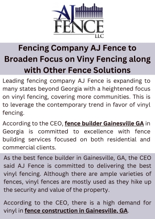 Fencing Company AJ Fence to Broaden Focus on Viny Fencing along with Other Fence