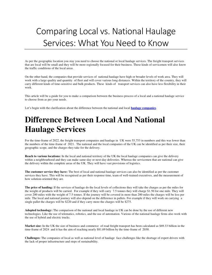 comparing local vs national haulage services what