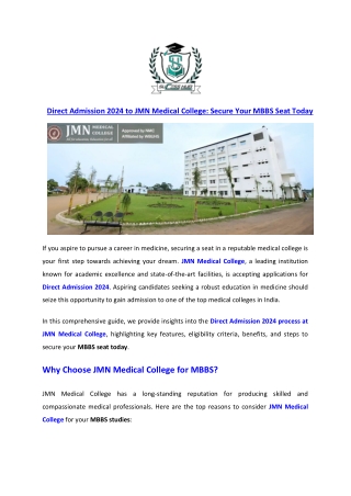 Direct Admission 2024 to JMN Medical College Secure Your MBBS Seat Today