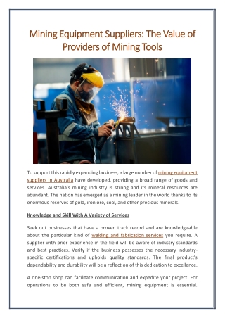 Mining Equipment Suppliers The Value of Providers of Mining Tools