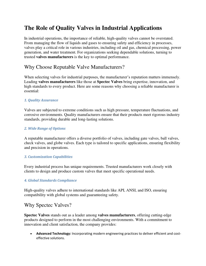 the role of quality valves in industrial