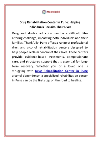 Drug Rehabilitation Center in Pune Helping Individuals Reclaim Their Lives