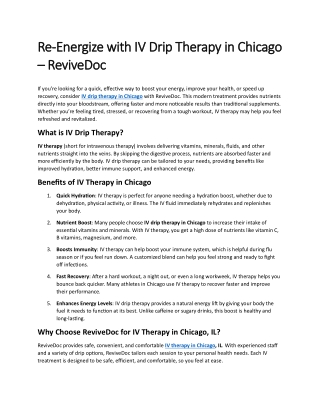 Re-Energize with IV Drip Therapy in Chicago – ReviveDoc