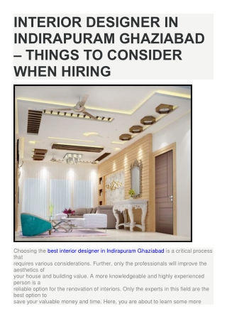 Interior Designer In Indirapuram Ghaziabad – Things To Consider When Hiring