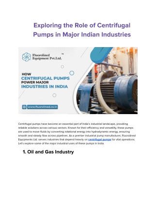 Exploring the Role of Centrifugal Pumps in Major Indian Industries