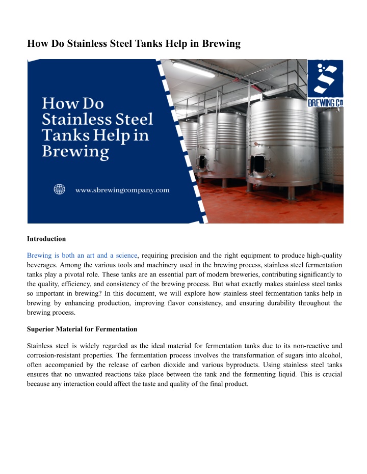 how do stainless steel tanks help in brewing