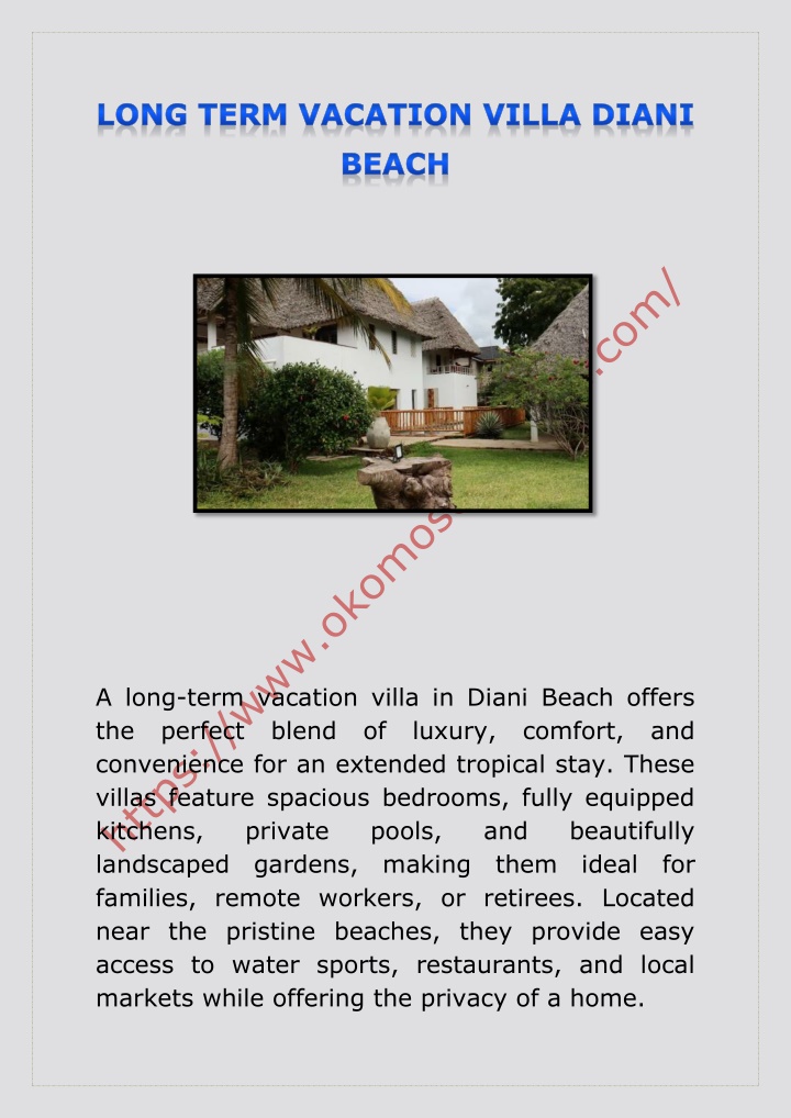 a long term vacation villa in diani beach offers