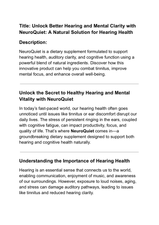 Unlock Better Hearing and Mental Clarity with NeuroQuiet