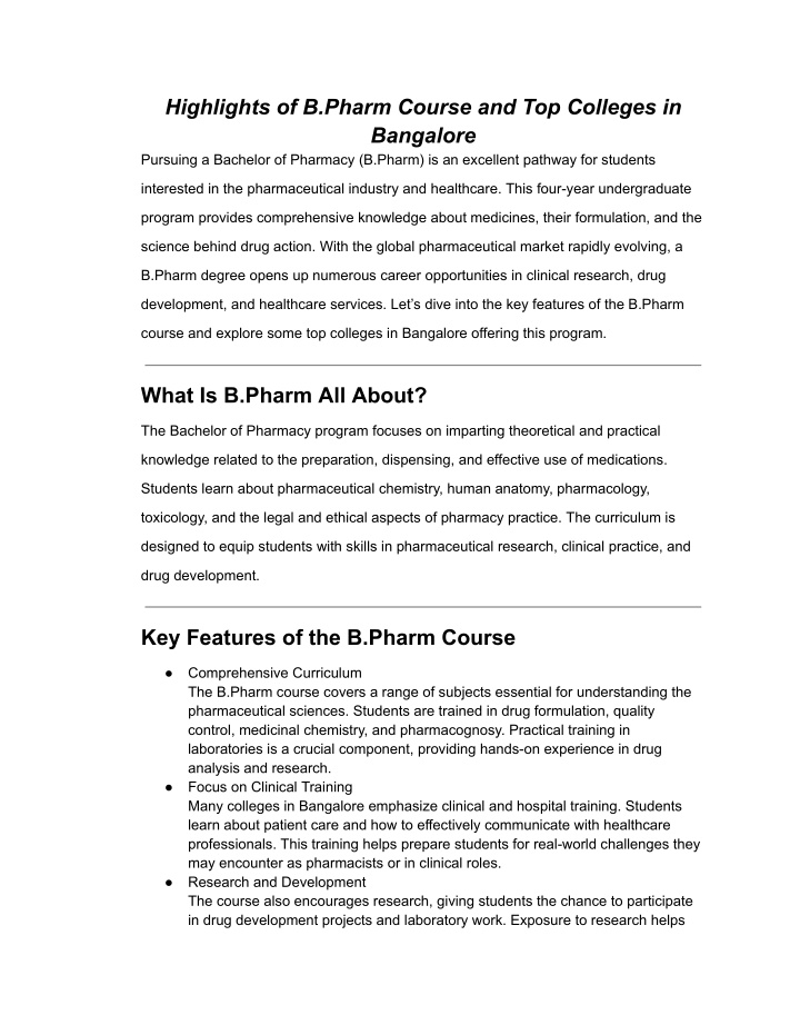 highlights of b pharm course and top colleges