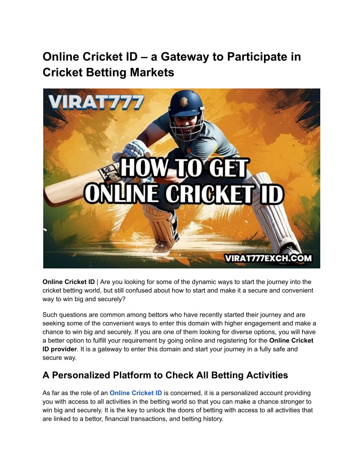 online cricket id a gateway to participate