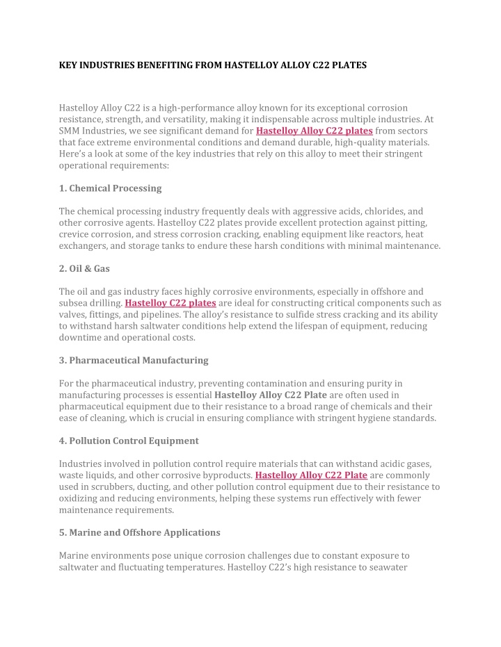 key industries benefiting from hastelloy alloy