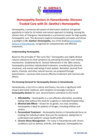 Experienced Homeopathy Doctors in Hanamkonda - Dr. Geetha’s Homeopathy Clinic