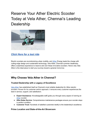 Reserve Your Ather Electric Scooter Today at Vela Ather, Chennai’s Leading Dealership