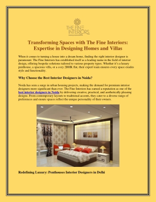 Transforming Spaces with The Fine Interior Expertise in Designing Homes and Villas