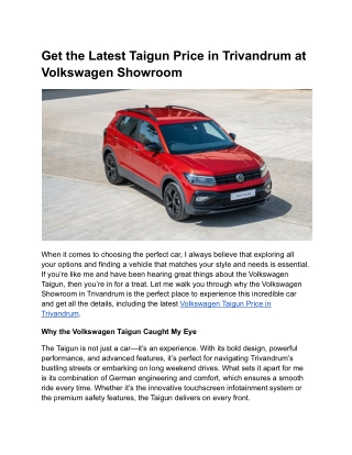 Get the Latest Taigun Price in Trivandrum at Volkswagen Showroom