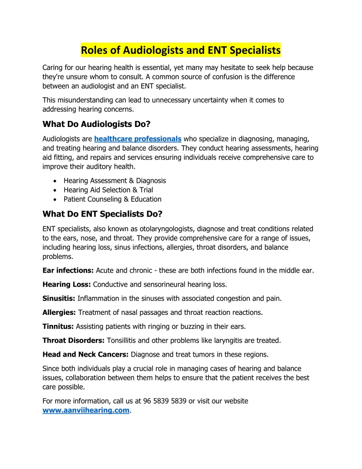 roles of audiologists and ent specialists