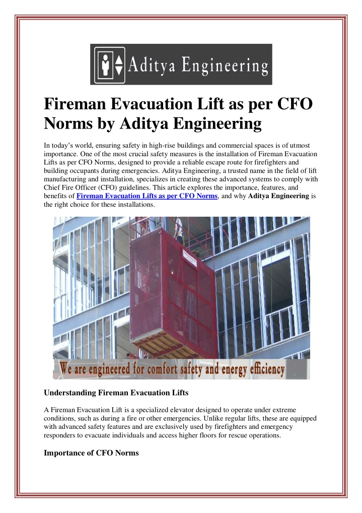 fireman evacuation lift as per cfo norms