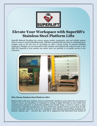 Elevate Your Workspace with Superlift's Stainless Steel Platform Lifts