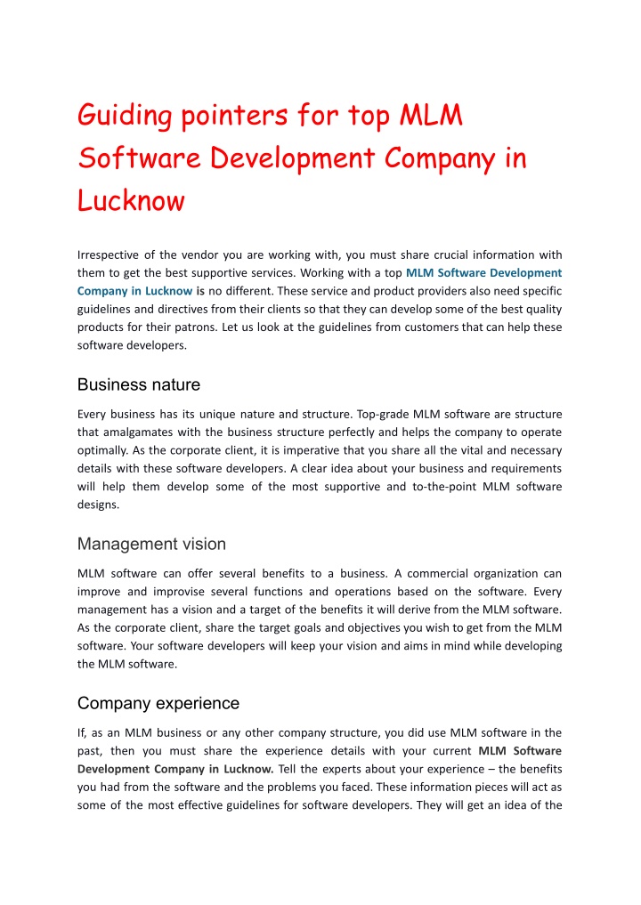 guiding pointers for top mlm software development