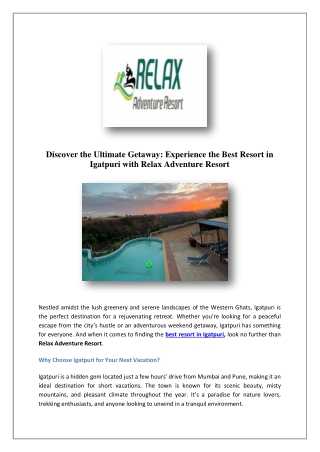 Resort Near Mumbai | Relax Adventure Resort
