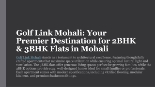 Golf Link Mohali: Your Premier Destination for 2BHK & 3BHK Flats in Mohali