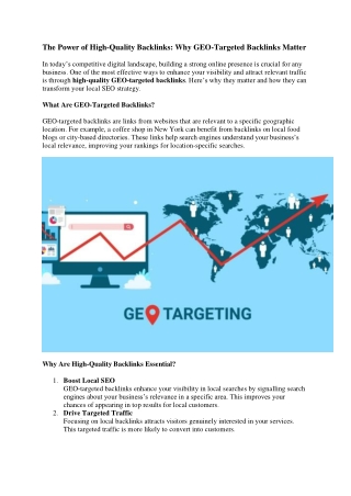 The Power of High-Quality Backlinks: Why GEO-Targeted Backlinks Matter