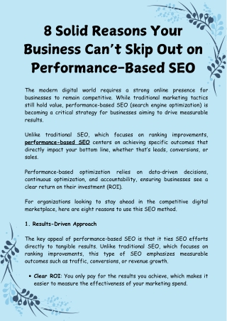 8 Solid Reasons Your Business Can’t Skip Out on Performance-Based SEO