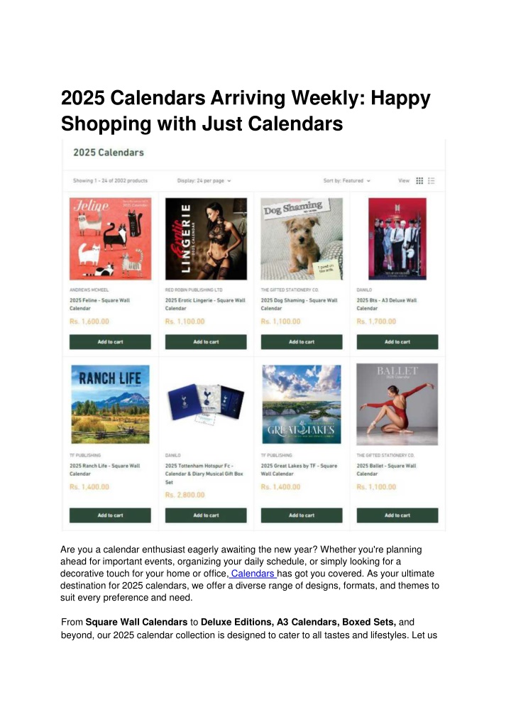 2025 calendars arriving weekly happy shopping