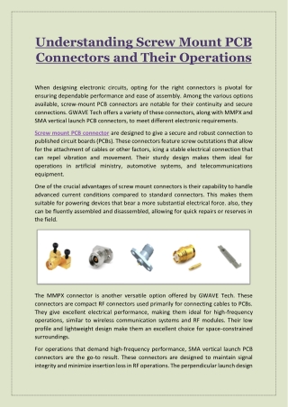 Understanding Screw Mount PCB Connectors and Their Operations