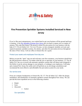 Dry Sprinkler Systems New Jersey | Jtfiresafety.com