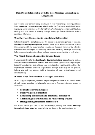 Build Your Relationship with the Best Marriage Counseling in Long Island