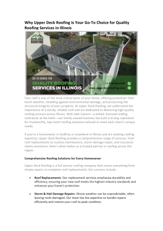 Why Upper Deck Roofing Is Your Go-To Choice for Quality Roofing Services in Illinois