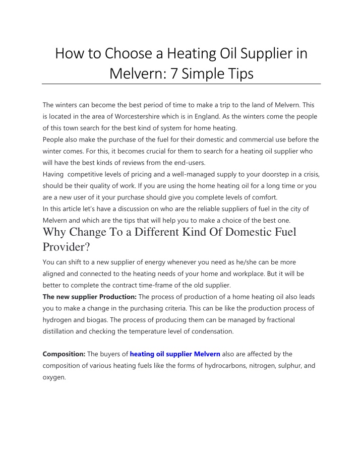 how to choose a heating oil supplier in melvern