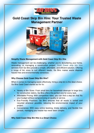 Gold Coast Skip Bin Hire - Your Trusted Waste Management Partner